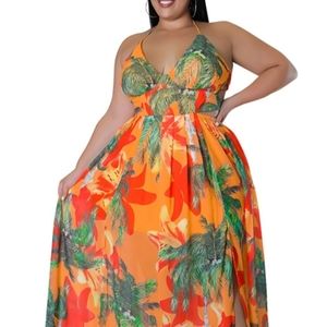 Orange Halter Neck Sleeveless Resort Maxi Dress